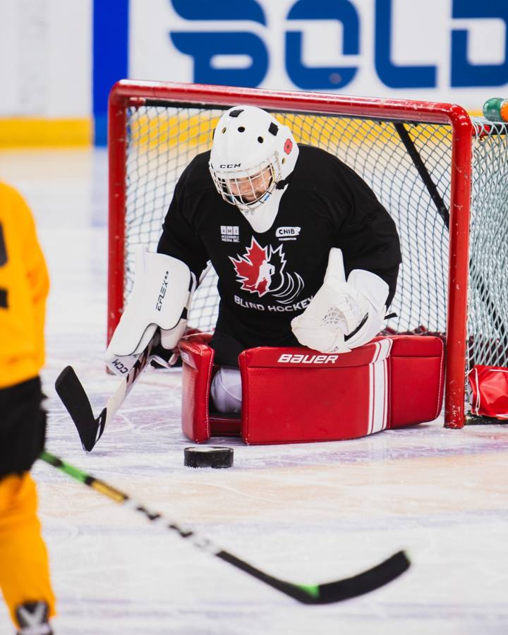 Un jeune gardien au casque blanc et au chandail de hockey sonore, accroupi devant son filet, les yeux sur la rondelle