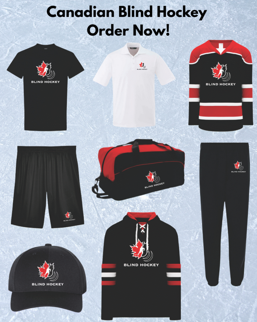 Image of Canadian Blind hockey apparel form includes a black shirt, white golf shirt, CBH jersey, black shorts, black and red duffel bag, black jogging pants and a jersey all with the CBH logo.