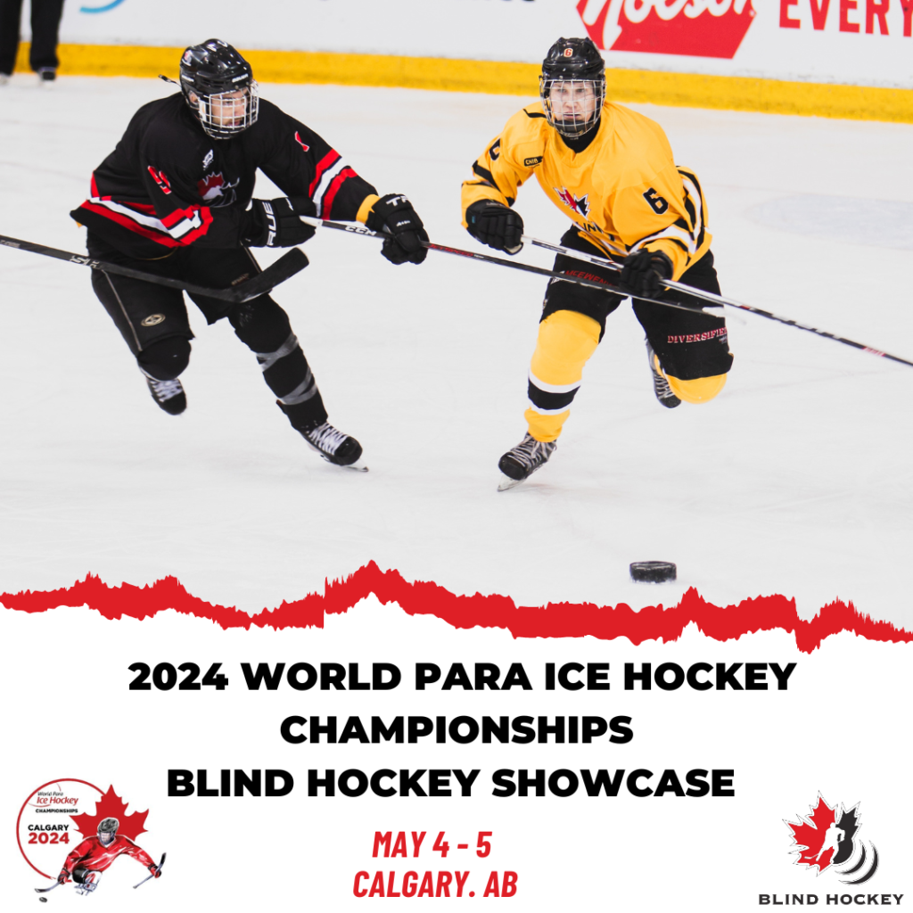 2 blind hockey players, world para ice hockey championship graphic