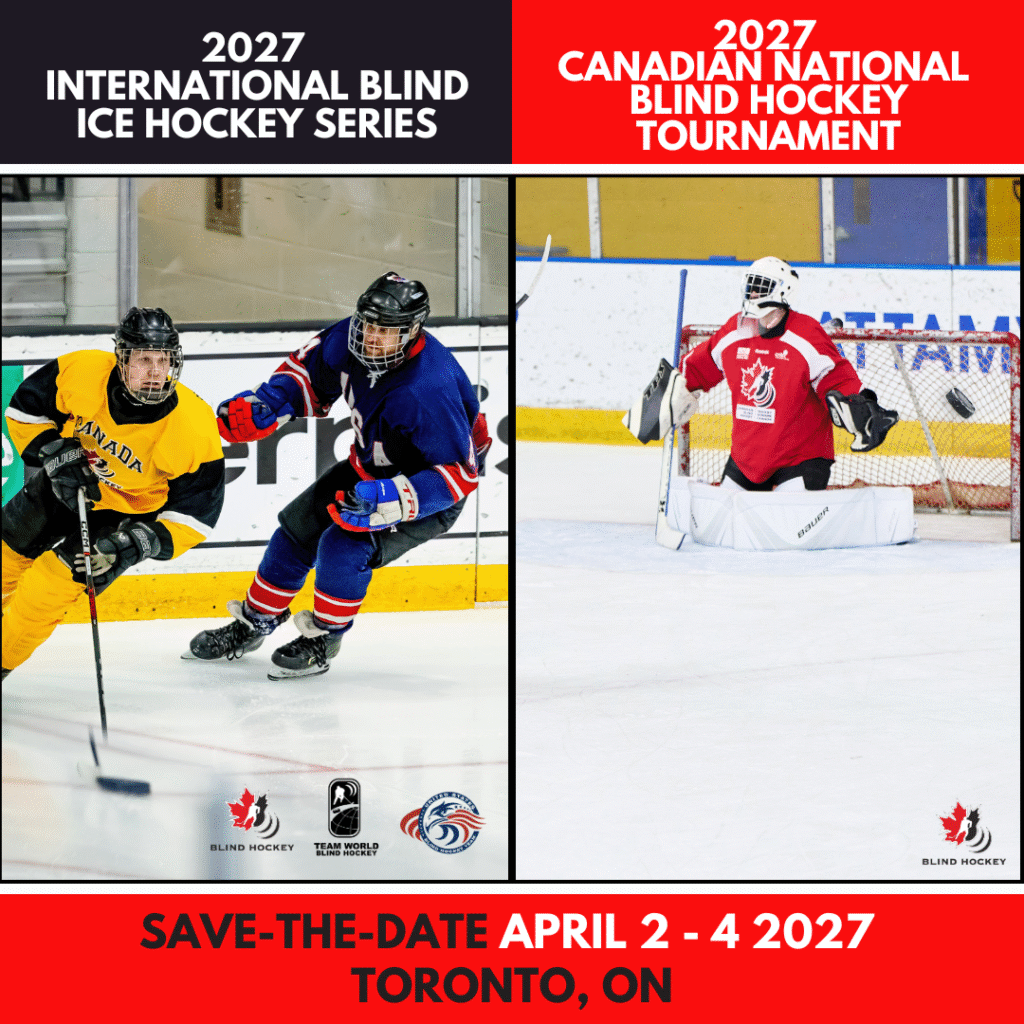image of a team canada player and team usa player and to the right a puck goes into the net of a goalie in a red jersey. save the dates are april 2 -4