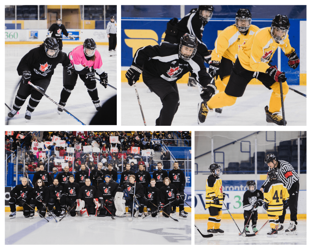 Top left 2 female players chase the puck. Top right: a pursuit for the puck in the youth division. Bottom left Team canada group photo on ice, bottom right childrens divison