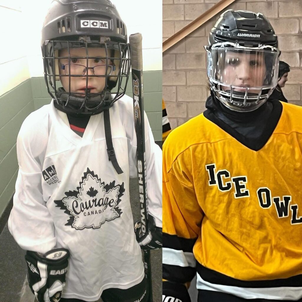 Eli on the left in an oversized white courage canada jersey and on the right in a yellow toronto ice owls jersey