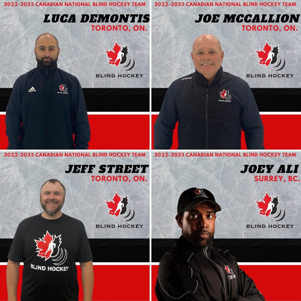 group photo of the 2022-2023 canadian national blind hockey team coaching staff
