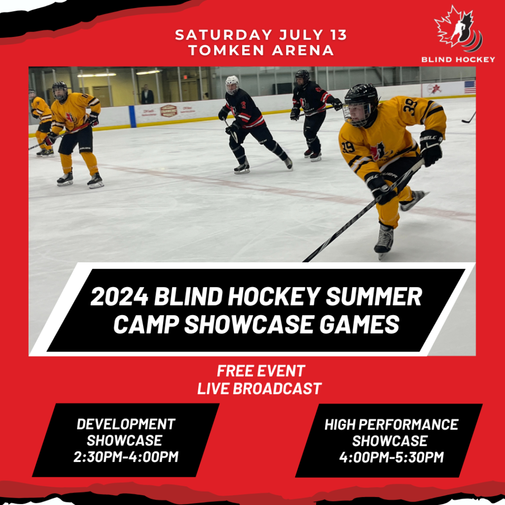 showcase games graphic, schedule as in the post. image of blind hockey players skating toward the puck