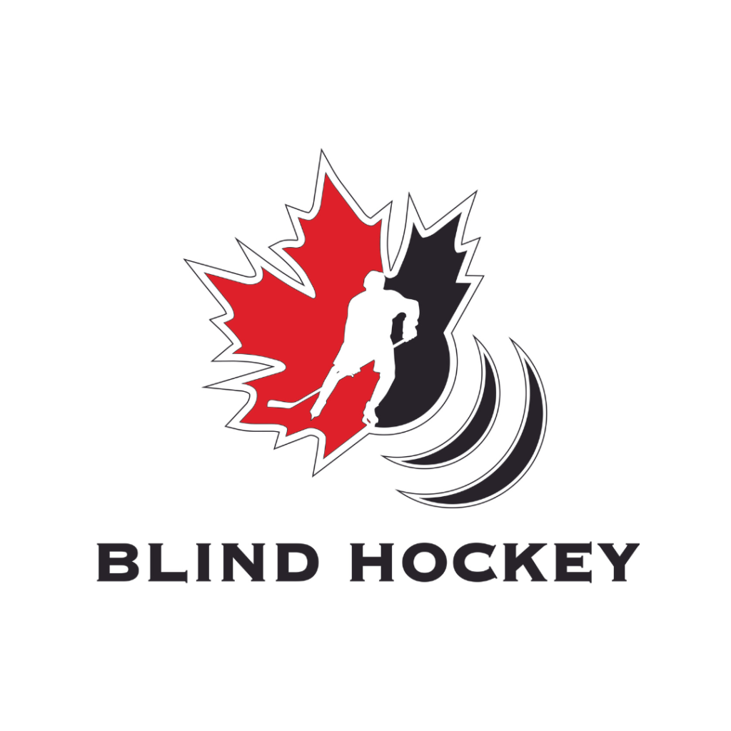 Canadian Blind Hockey's logo says Blind Hockey with a maple leaf half red, half black and a white hockey figure in the middle