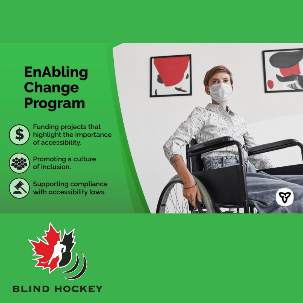 youth in a wheelchair  from enabling change program with Canadian blind hockey logo  