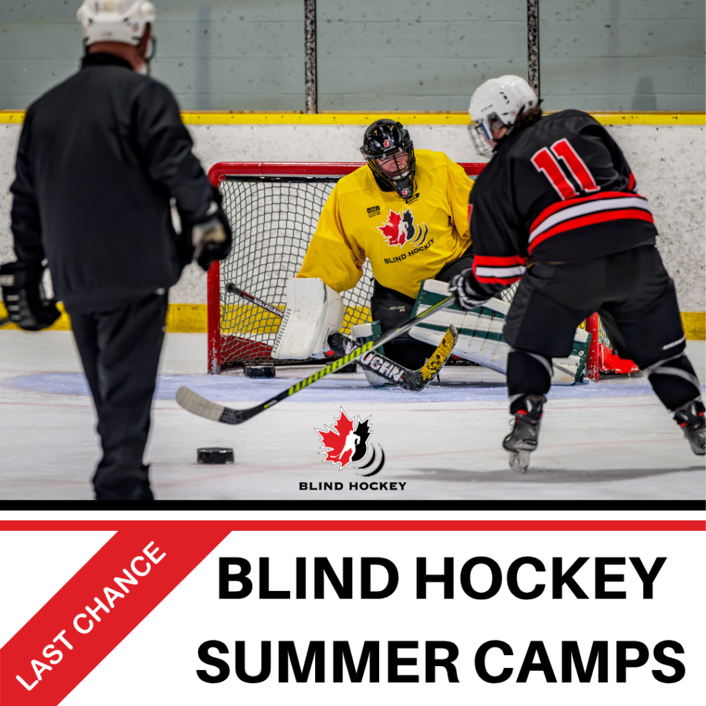 blind hockey camps shows goalie in net getting a shot from a player next to a coach