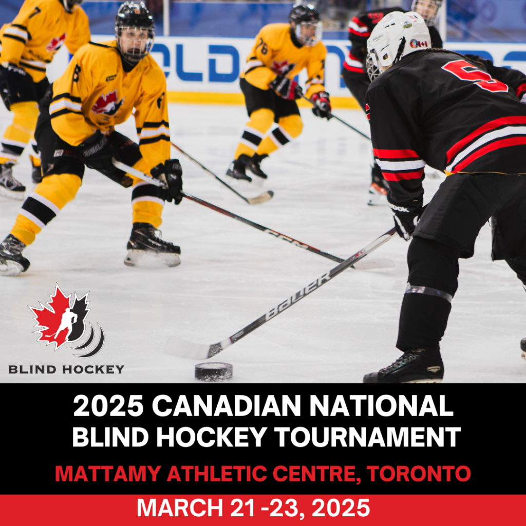 save the date includes a cool photo of blind hockey players with the puck. March 21 - 23 2025